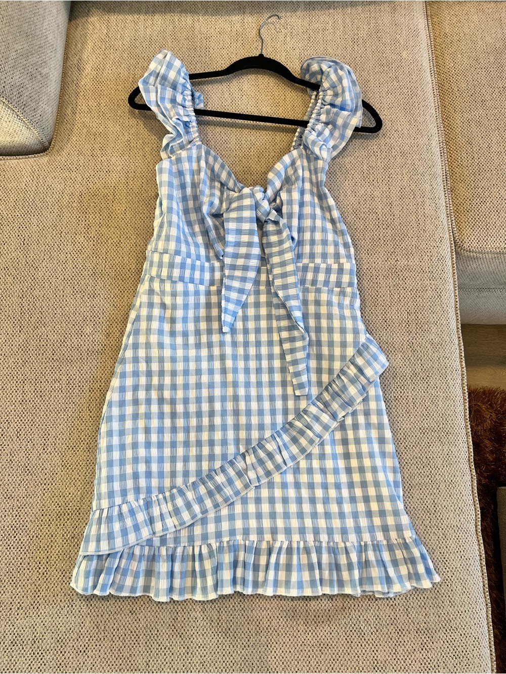 Dorothy’s Light Blue and White Gingham Tie-Front Ruffle Dress